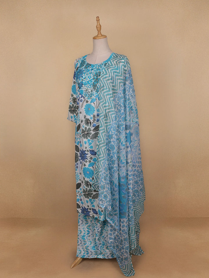 Light Blue Floral Designed Cotton Straight Cut Salwar Suit - Diadem