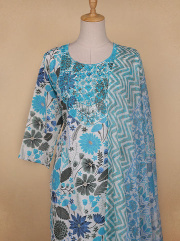 Light Blue Floral Designed Cotton Straight Cut Salwar Suit - Diadem