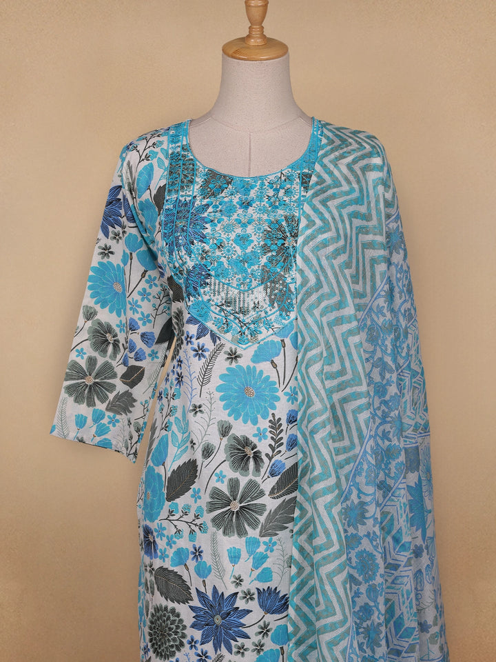 Light Blue Floral Designed Cotton Straight Cut Salwar Suit - Diadem