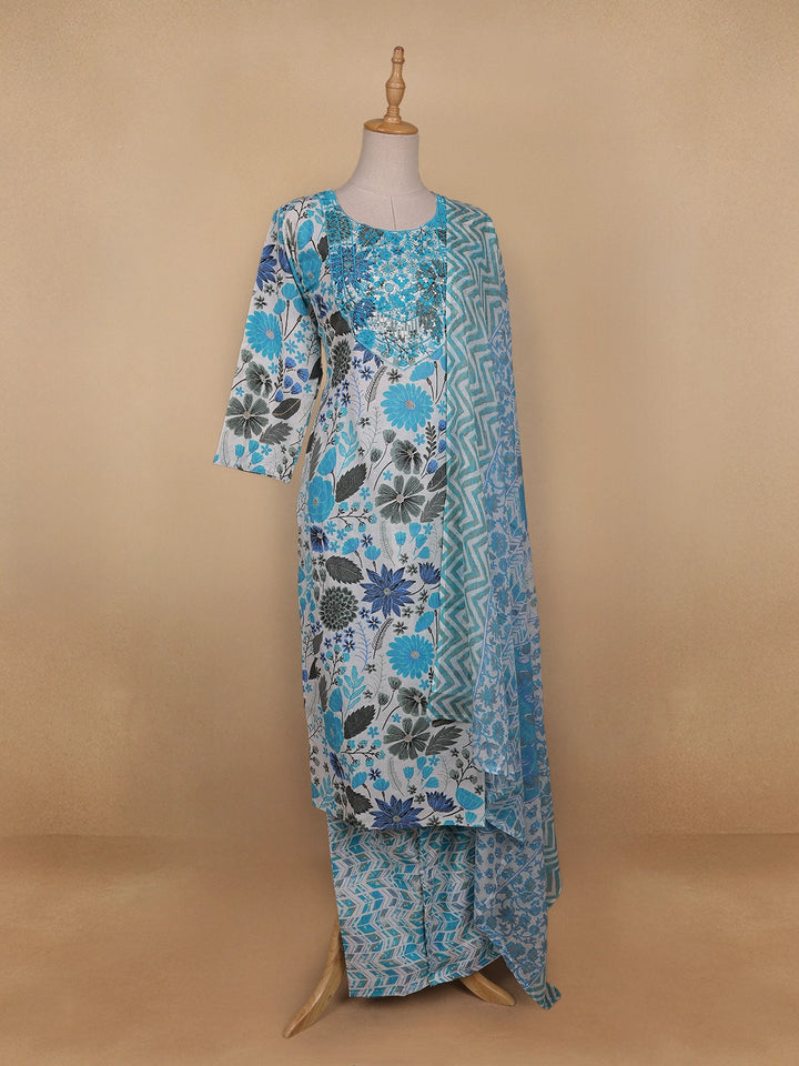 Light Blue Floral Designed Cotton Straight Cut Salwar Suit - Diadem