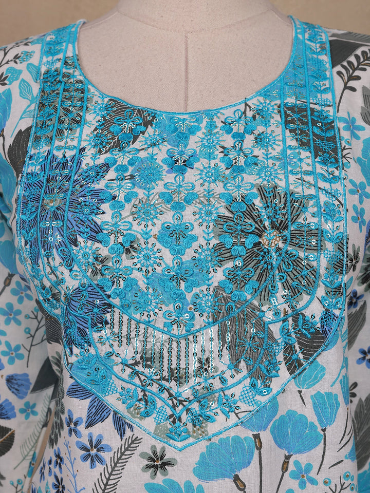 Light Blue Floral Designed Cotton Straight Cut Salwar Suit - Diadem