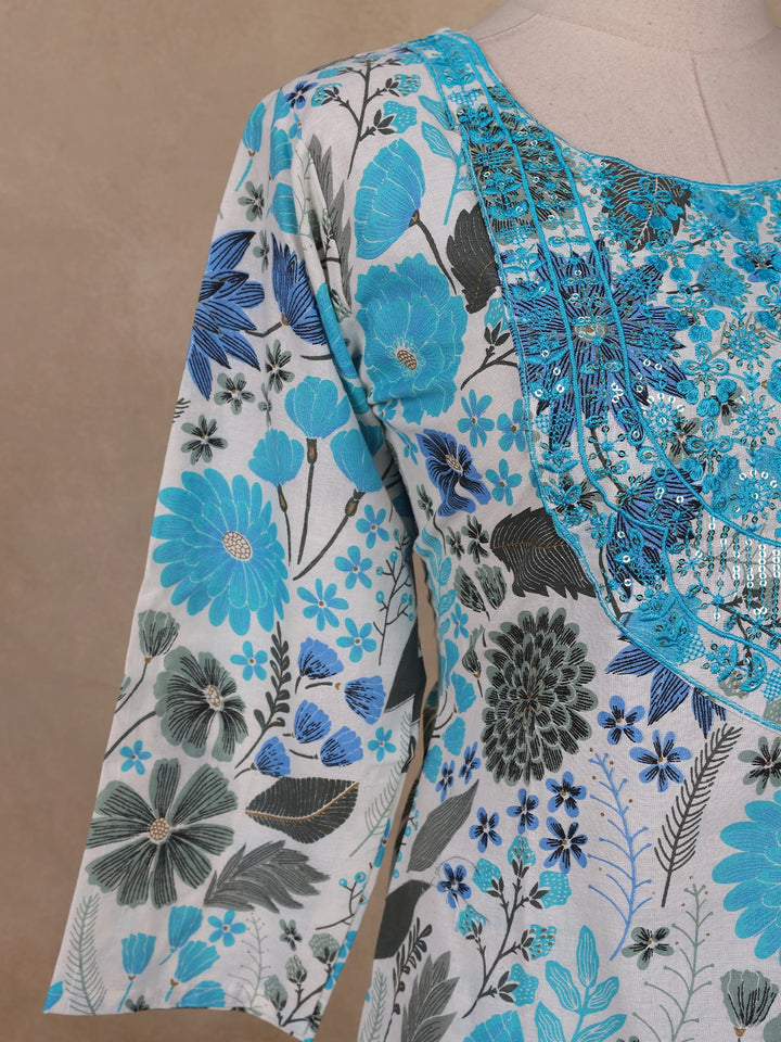 Light Blue Floral Designed Cotton Straight Cut Salwar Suit - Diadem