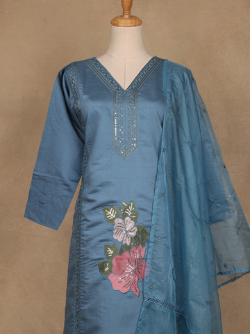 Light Blue Floral Designed Embroidered Georgette Salwar Suit - Diadem