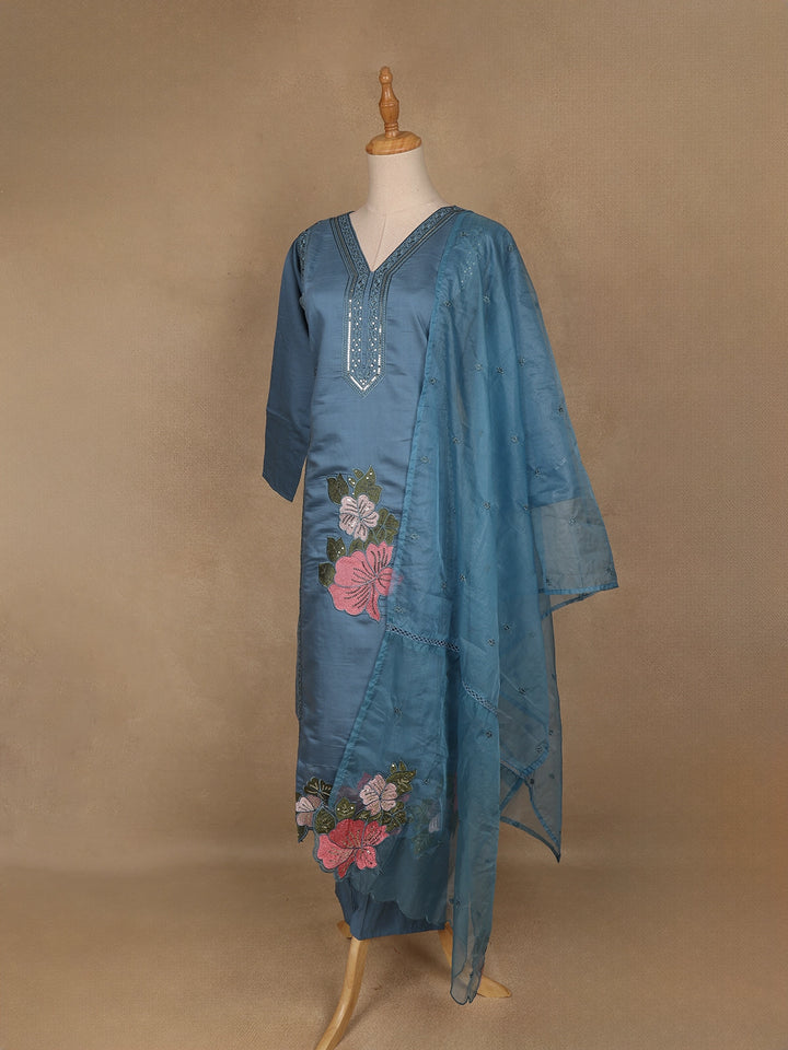 Light Blue Floral Designed Embroidered Georgette Salwar Suit - Diadem