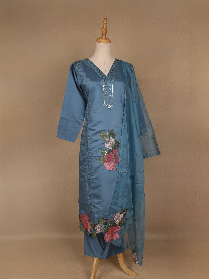 Light Blue Floral Designed Embroidered Georgette Salwar Suit - Diadem