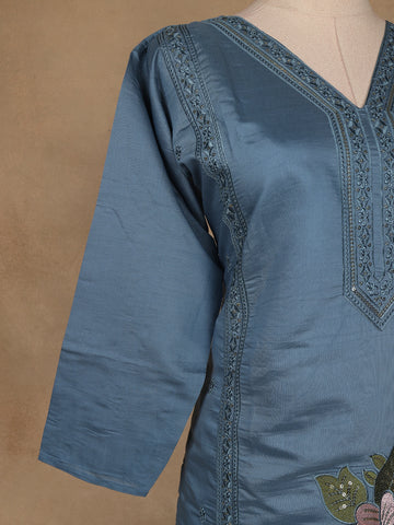 Light Blue Floral Designed Embroidered Georgette Salwar Suit - Diadem