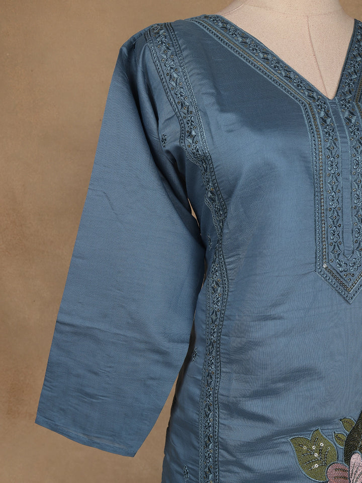 Light Blue Floral Designed Embroidered Georgette Salwar Suit - Diadem