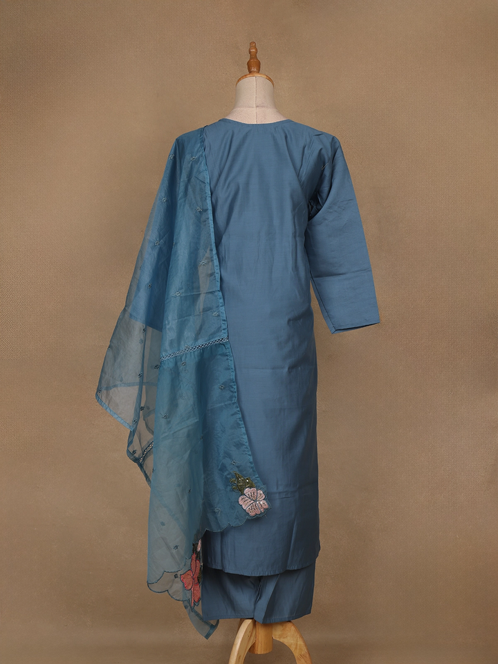 Light Blue Floral Designed Embroidered Georgette Salwar Suit - Diadem