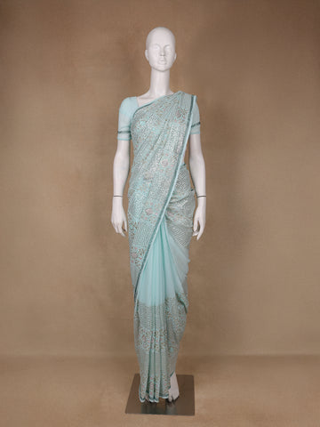 Light Blue Floral Designed Organza Designer Saree - Diadem