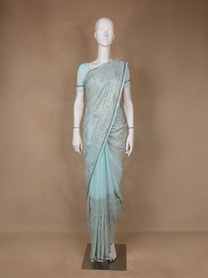 Light Blue Floral Designed Organza Designer Saree - Diadem