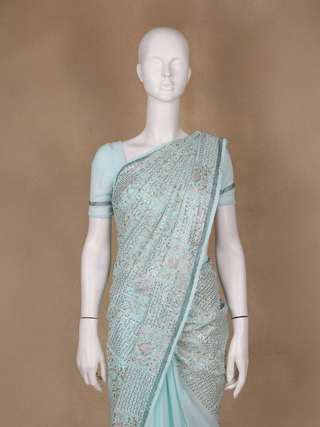 Light Blue Floral Designed Organza Designer Saree - Diadem