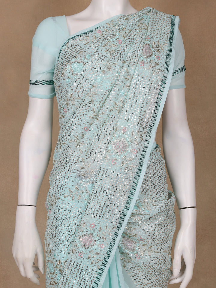 Light Blue Floral Designed Organza Designer Saree - Diadem