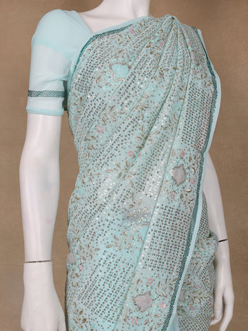 Light Blue Floral Designed Organza Designer Saree - Diadem