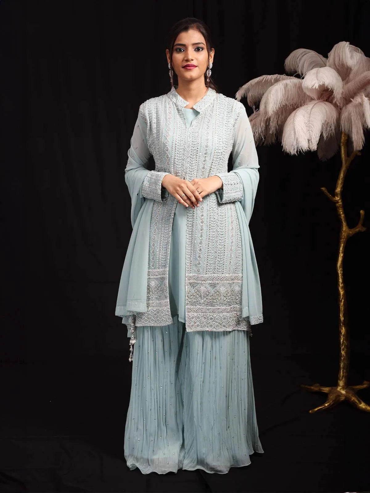 Light Blue Floral Embroidered Georgette Palazzo Salwar Suit