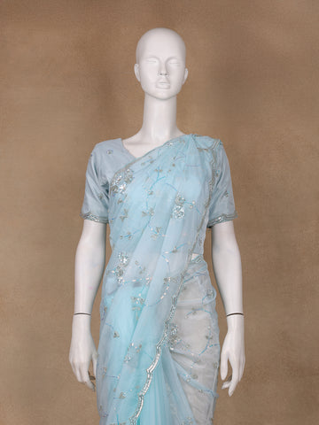 Light Blue Floral Motif Sequin Designed Organza Designer Saree - Diadem