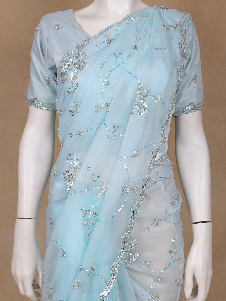 Light Blue Floral Motif Sequin Designed Organza Designer Saree - Diadem
