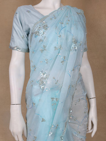 Light Blue Floral Motif Sequin Designed Organza Designer Saree - Diadem