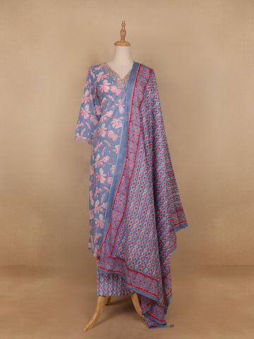 Light Blue Floral Printed Cotton Salwar Suit - Diadem