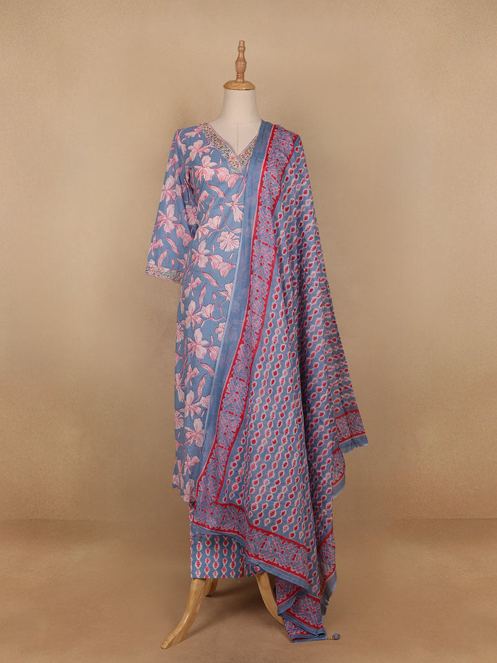 Light Blue Floral Printed Cotton Salwar Suit - Diadem