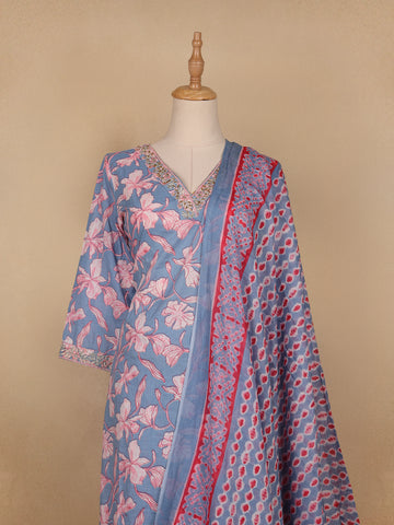 Light Blue Floral Printed Cotton Salwar Suit - Diadem