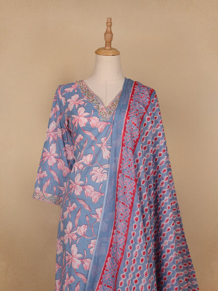 Light Blue Floral Printed Cotton Salwar Suit - Diadem