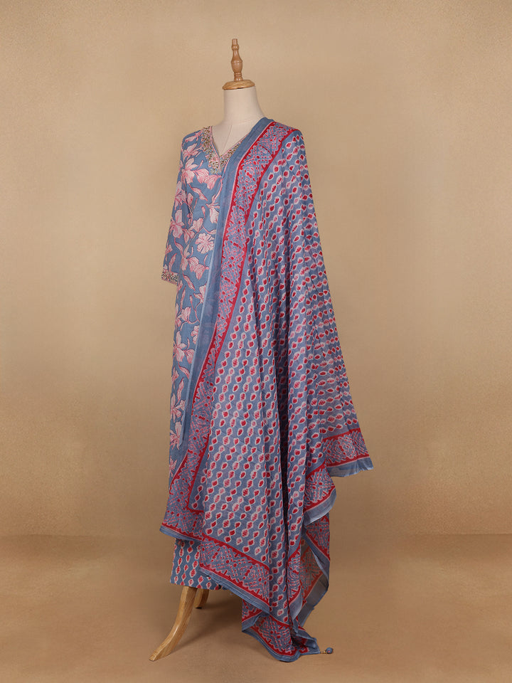 Light Blue Floral Printed Cotton Salwar Suit - Diadem