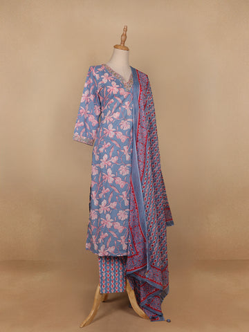 Light Blue Floral Printed Cotton Salwar Suit - Diadem