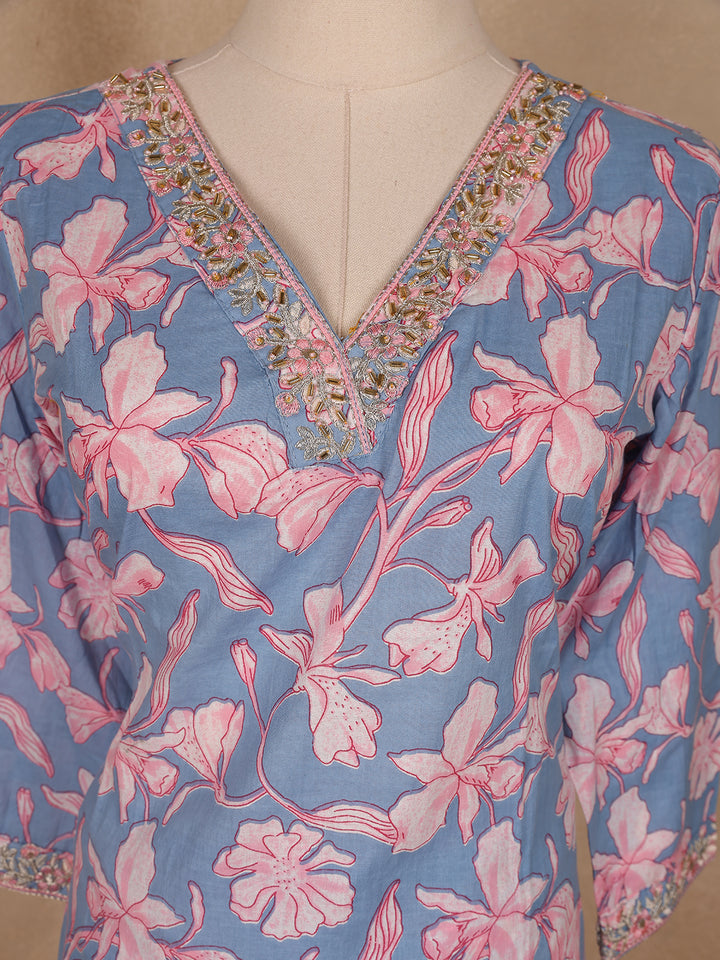 Light Blue Floral Printed Cotton Salwar Suit - Diadem