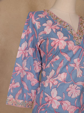 Light Blue Floral Printed Cotton Salwar Suit - Diadem