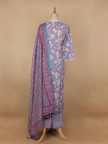 Light Blue Floral Printed Cotton Salwar Suit - Diadem