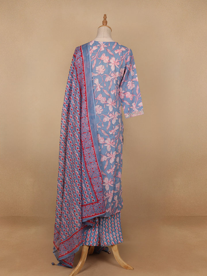 Light Blue Floral Printed Cotton Salwar Suit - Diadem