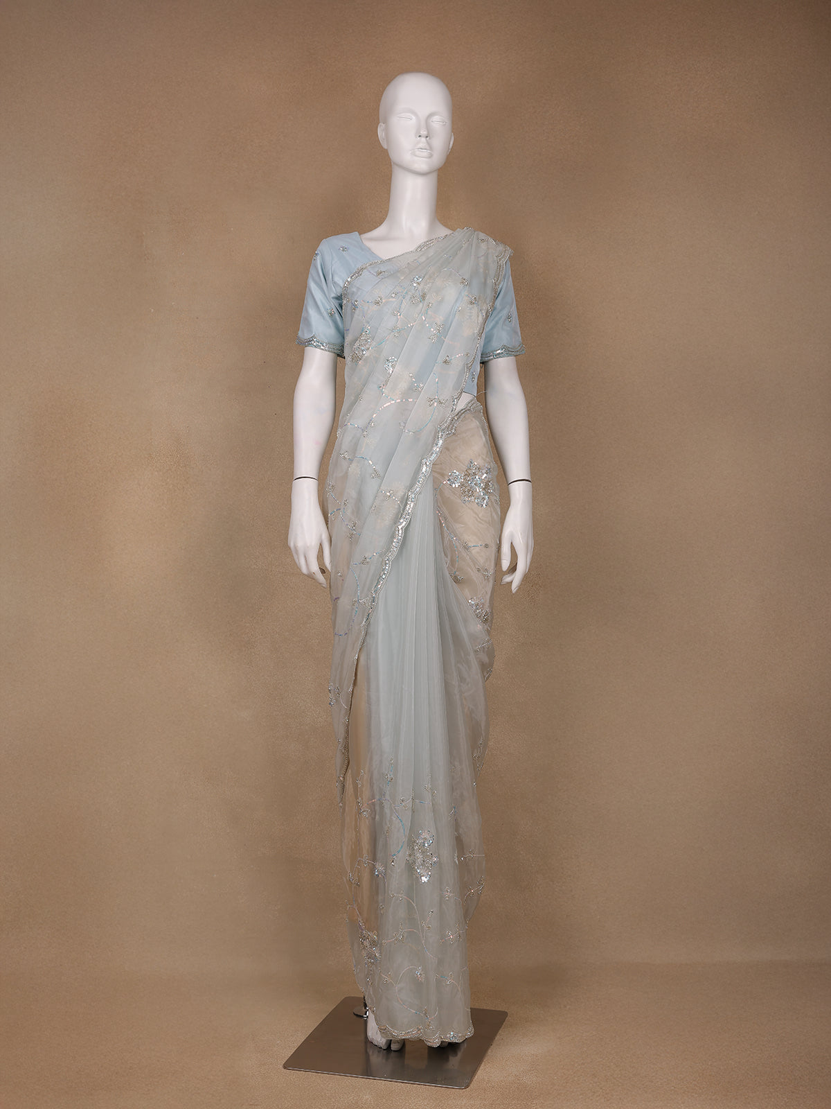 Light Blue Floral Motif Sequin Designed Organza Designer Saree - Diadem