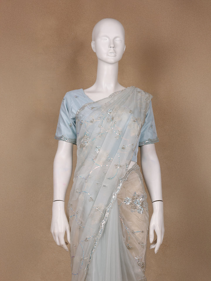 Light Blue Floral Motif Sequin Designed Organza Designer Saree - Diadem