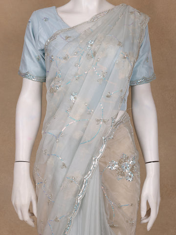 Light Blue Floral Motif Sequin Designed Organza Designer Saree - Diadem