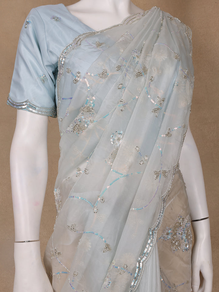 Light Blue Floral Motif Sequin Designed Organza Designer Saree - Diadem
