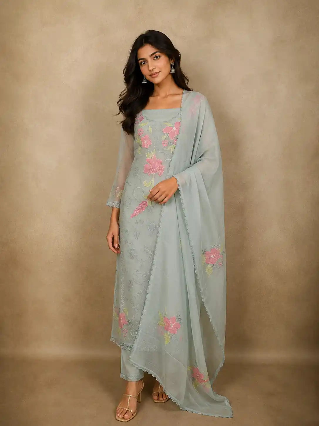 Light Blue Floral Thread Embroidered Design Cotton Unstitched Salwar Material with Dupatta