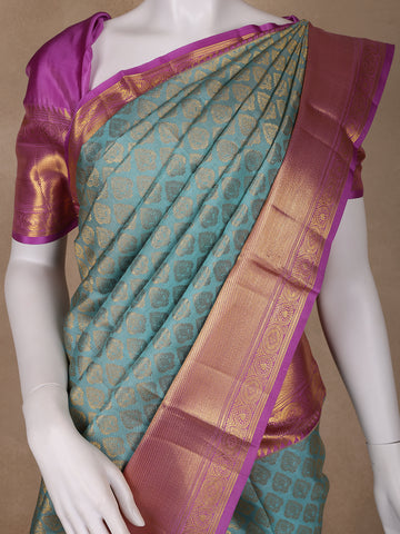 Light Blue Floral Woven Pure Kanchipuram Silk Saree - Diadem