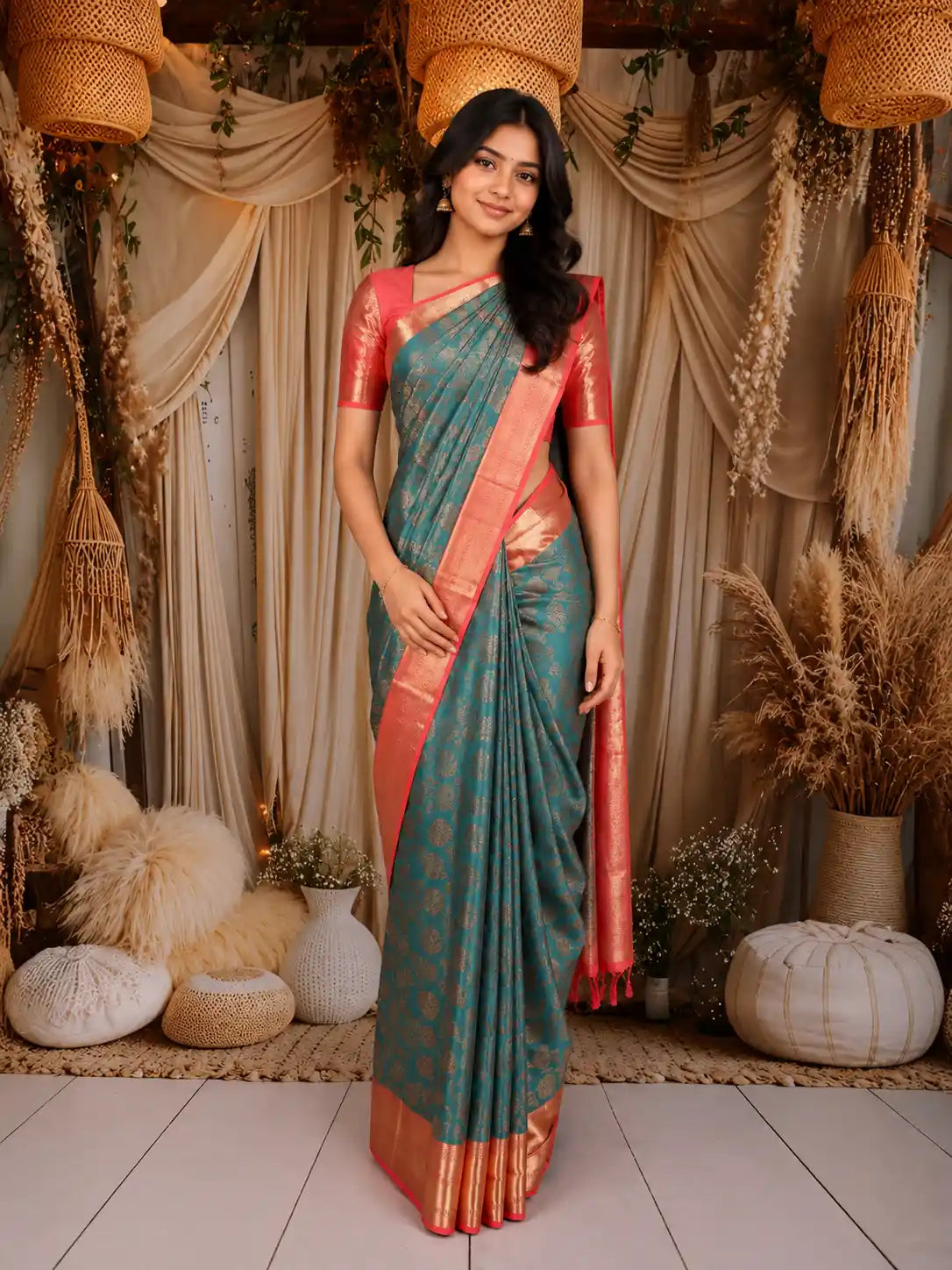Light Blue Floral Woven Pure Kanchipuram Silk Saree with Zari Border