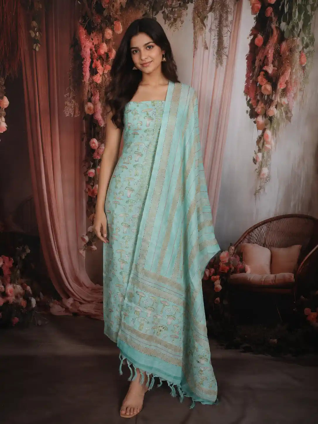 Light Blue Nature Inspired Printed Design Cotton Unstitched Salwar Material with Dupatta