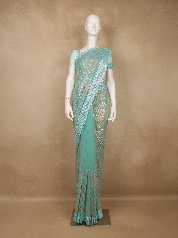 Light Blue Sequin Embellishment Organza Saree - Diadem