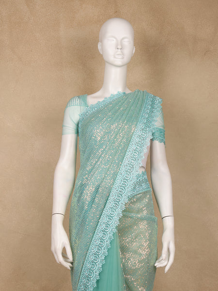 Light Blue Sequin Embellishment Organza Saree - Diadem