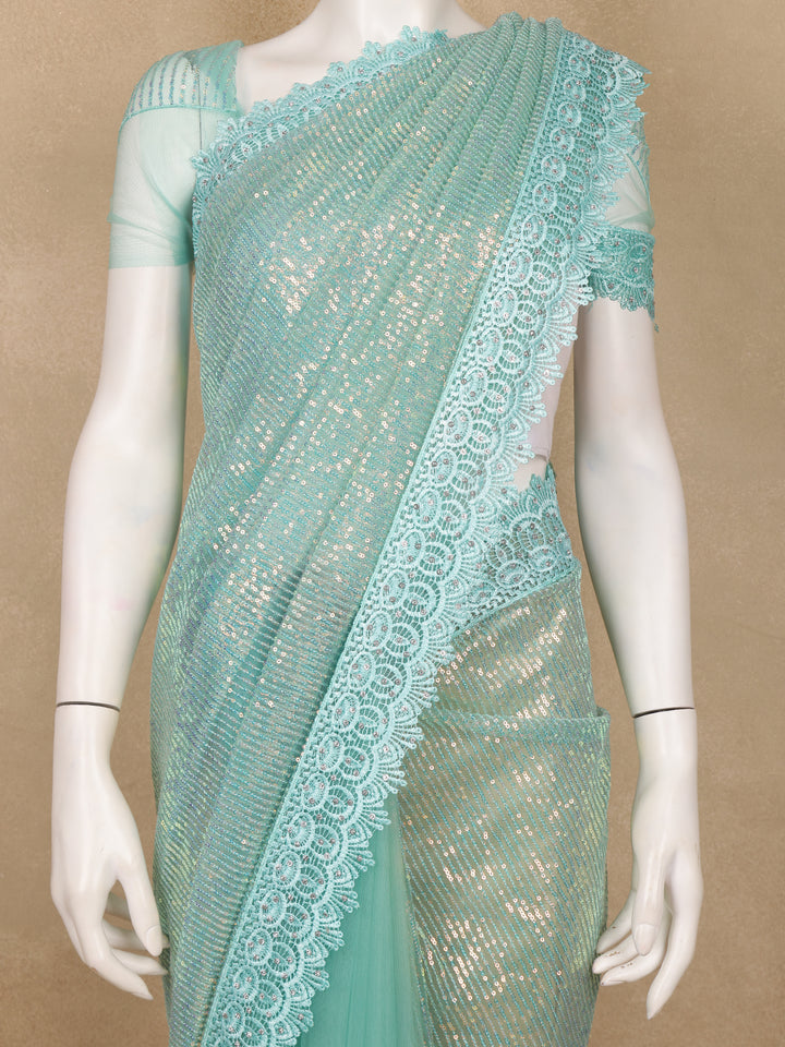 Light Blue Sequin Embellishment Organza Saree - Diadem