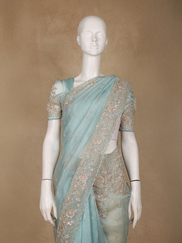 Light Blue Sequin Floral Designed Net Saree - Diadem