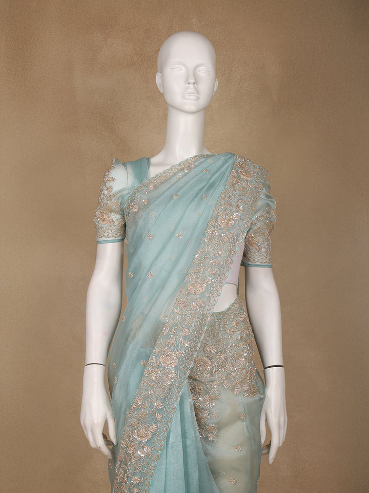 Light Blue Sequin Floral Designed Net Saree - Diadem