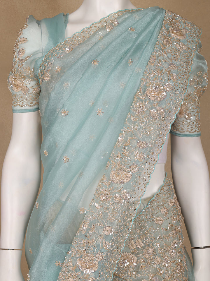 Light Blue Sequin Floral Designed Net Saree - Diadem