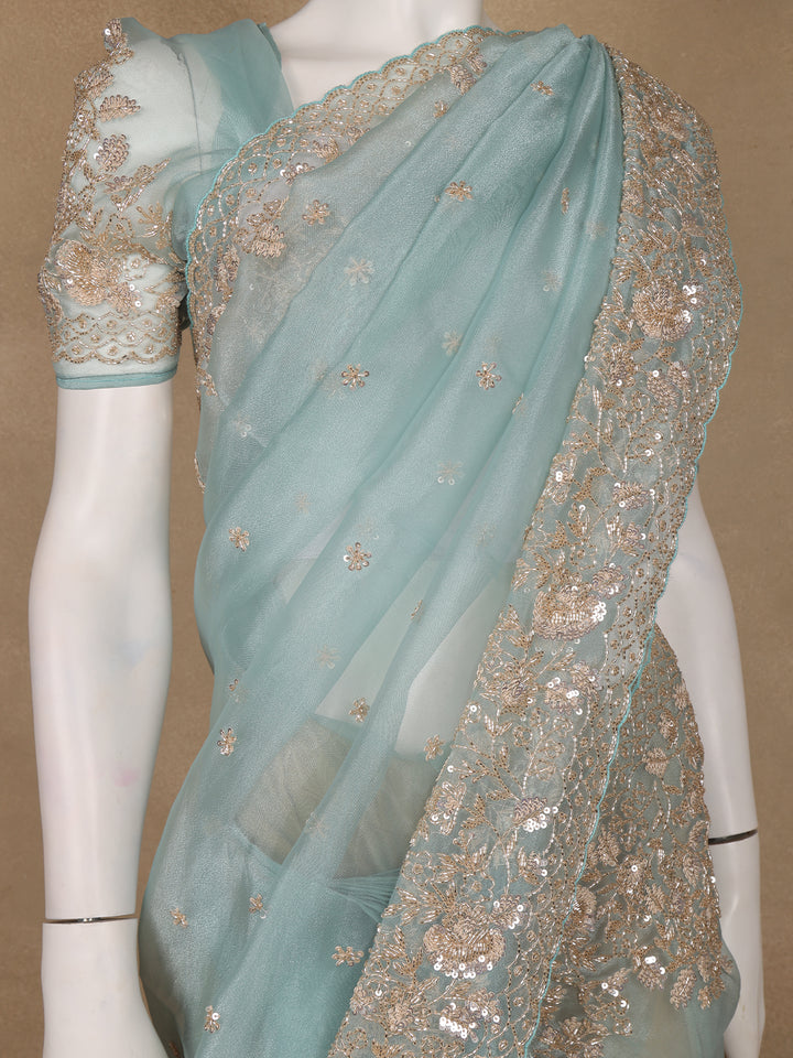 Light Blue Sequin Floral Designed Net Saree - Diadem