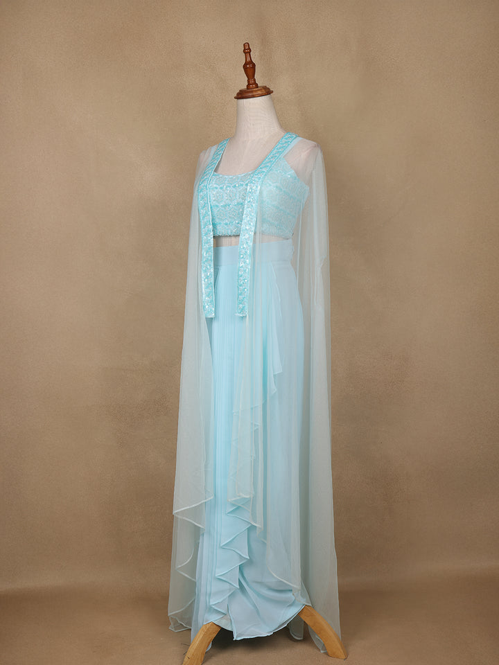 Light Blue Sequins Beaded Embroidery Georgette Palazzo Suit - Diadem