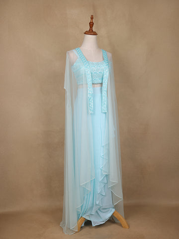 Light Blue Sequins Beaded Embroidery Georgette Palazzo Suit - Diadem