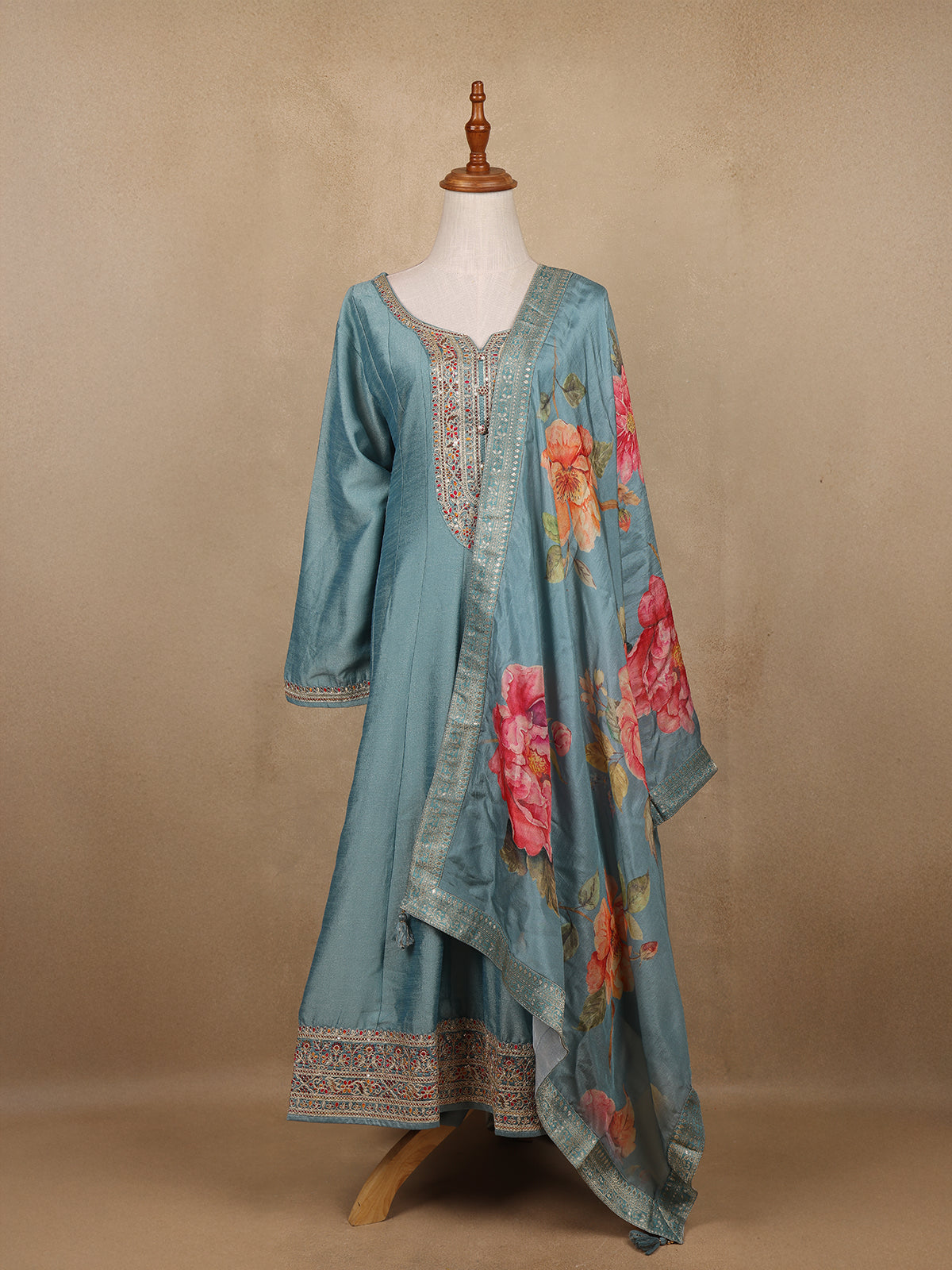 Light Blue Sequins Designed Floral Print Tussar Silk Salwar Suit - Diadem