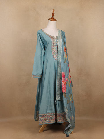 Light Blue Sequins Designed Floral Print Tussar Silk Salwar Suit - Diadem